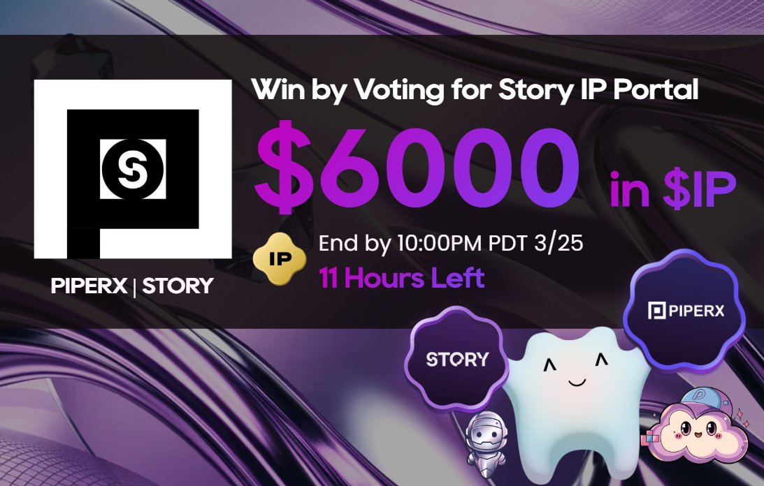 PiperxProtocol's tweet photo. 🔥Pipers, Win $6000 in $IP by Voting IP PORTAL! Only 11Hour left! Take 60s for voting

🔥Story’s IP Portal (Open Beta) is LIVE. 
👋Pipers, if you're seeing this post, you're getting early access to Story's giveaway. Only take 60s by voting for IP Portal, a game-changer to register, remix, and monetize IP.

🏆 Story Giveaway Details:
1,000 $IP total prize pool (≈6000 USD)
50 random winners (20 $IP each≈120 USD)
Early entries get priority!

⏰ Only 11 HOURS LEFT! (Ends 10PM PST 3/25)