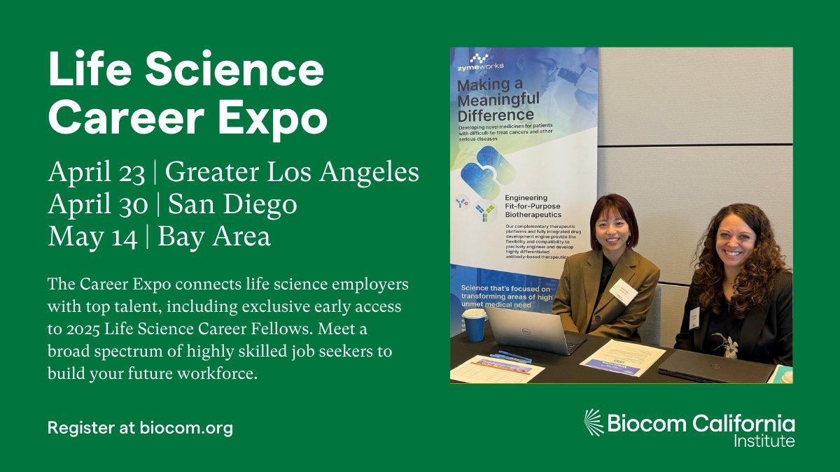 Seeking top life science talent? Join our Career Expos to engage with standout candidates, including 2024 Life Science Career Fellows. Priority tabling for members.

Register for LA: bit.ly/4iIbCny | San Diego: bit.ly/3XhOQKy | Bay Area: bit.ly/4kc6clU