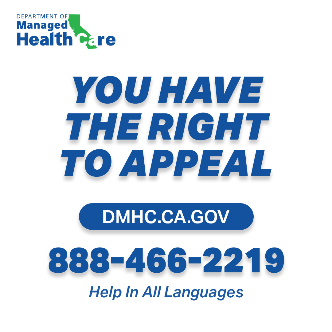 CADMHC's tweet photo. Have you been denied or delayed care by your health care plan? You have the right to appeal! The CA Department of Managed Health Care Help Center offers free help available in all languages. Go to https://t.co/8eCNKyN3Qa or call 1-888-466-2219.
#DMHC #DMHCHelpCenter #HealthHelp https://t.co/knpuRzit8s