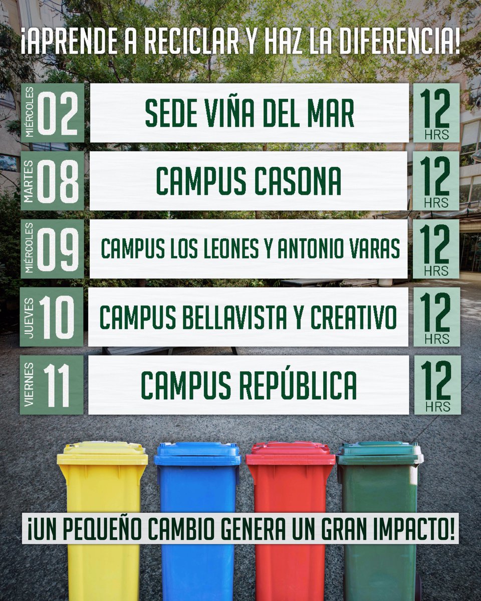 Sostenibilidad UNAB (@soste_unab) on Twitter photo ♻️ ¡Aprende a reciclar y haz la diferencia! 🌍
Te invitamos a participar en la activacion de Puntos Limpios en cada campus para enseñarte cómo valorizar los residuos y reciclar correctamente. 
📍Encuéntranos en tu campus y súmate a esta iniciativa. 
#SostenibilidadUNAB ♻️ ¡Aprende a reciclar y haz la diferencia! 🌍
Te invitamos a participar en la activacion de Puntos Limpios en cada campus para enseñarte cómo valorizar los residuos y reciclar correctamente. 
📍Encuéntranos en tu campus y súmate a esta iniciativa. 
#SostenibilidadUNAB