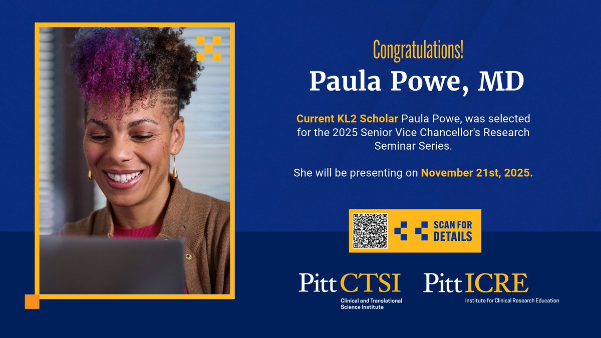 Pitt Institute for Clinical Research Education (@pitticre) on Twitter photo Mark Your Calendars! 📅🎉
KL2 Scholar Dr. Paula Powe has been selected for the 2025 Senior Vice Chancellor's Research Seminar Series! She’ll present on Nov. 21, 2025. More information will be announced later in the year. Mark Your Calendars! 📅🎉
KL2 Scholar Dr. Paula Powe has been selected for the 2025 Senior Vice Chancellor's Research Seminar Series! She’ll present on Nov. 21, 2025. More information will be announced later in the year.