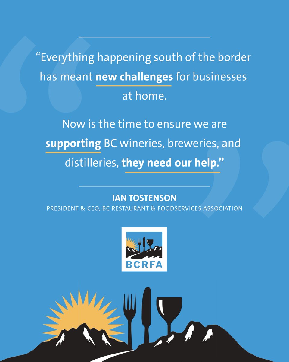 BC Restaurants & Foodservices Association (@bcrfa) on Twitter photo The threats of tariffs south of the border present new challenges for many of British Columbia's local businesses and producers.
That's why we're asking British Columbians to support local wherever they can.
<a href="/bccraftbeer/">BC Craft Brewers Guild</a> <a href="/BCWine/">Wines of British Columbia (BC VQA)</a> <a href="/CDG_BC/">Distillers Guild BC</a> The threats of tariffs south of the border present new challenges for many of British Columbia's local businesses and producers.
That's why we're asking British Columbians to support local wherever they can.
<a href="/bccraftbeer/">BC Craft Brewers Guild</a> <a href="/BCWine/">Wines of British Columbia (BC VQA)</a> <a href="/CDG_BC/">Distillers Guild BC</a>