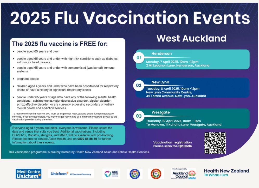 2025 Flu Vaccination Events
Health New Zealand Asian &amp; Ethnic Health Services (AEHS) hosts 21 events across five cities: Auckland, Hamilton, Wellington, Palmerston North, and Christchurch.