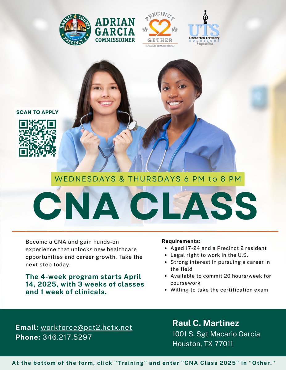 Precinct2gether (@precinct2gether) on Twitter photo π’ Free CNA Class! 4-week training starts April 14, 2025 π₯
ποΈ Wed & Thurs | β° 6β8 PM
π Raul C. Martinez, Houston
π‘ Ages 17β24 | Precinct 2 residents
π© workforce@pct2.hctx.net
Scan the flyer to apply!
#CNAClass #HoustonJobs #P2G π’ Free CNA Class! 4-week training starts April 14, 2025 π₯
ποΈ Wed & Thurs | β° 6β8 PM
π Raul C. Martinez, Houston
π‘ Ages 17β24 | Precinct 2 residents
π© workforce@pct2.hctx.net
Scan the flyer to apply!
#CNAClass #HoustonJobs #P2G