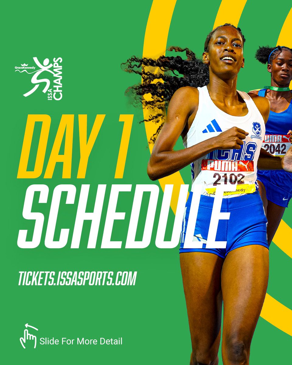 Stream876's tweet photo. Day One (1) kicks off with pure SPEED! ⚡
Who will be crowned the fastest in Champs 2025? Don’t miss the 100m finals! Get your tickets now!
#ISSAChamps #Champs2025 #RoadToGreatness #JamaicaTrackAndField #FastestNation #ChampsFever #SpeedMeetsGlory #WhoWillWin #TrackLegendsInTheMaking