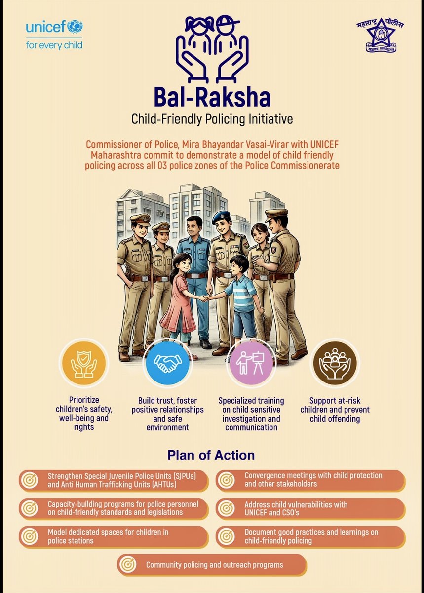 Bal Raksha – Child-Friendly Policing  launched! Under the leadership of Shri Madhukar Pandey, Commissioner of Police, Mira Bhayandar  in collaboration with <a href="/UNICEFIndia/">UNICEF India</a> , the initiative aims to prevent crimes, protect children, &amp; build trust between <a href="/DGPMaharashtra/">महाराष्ट्र पोलीस - Maharashtra Police</a> &amp; communities.