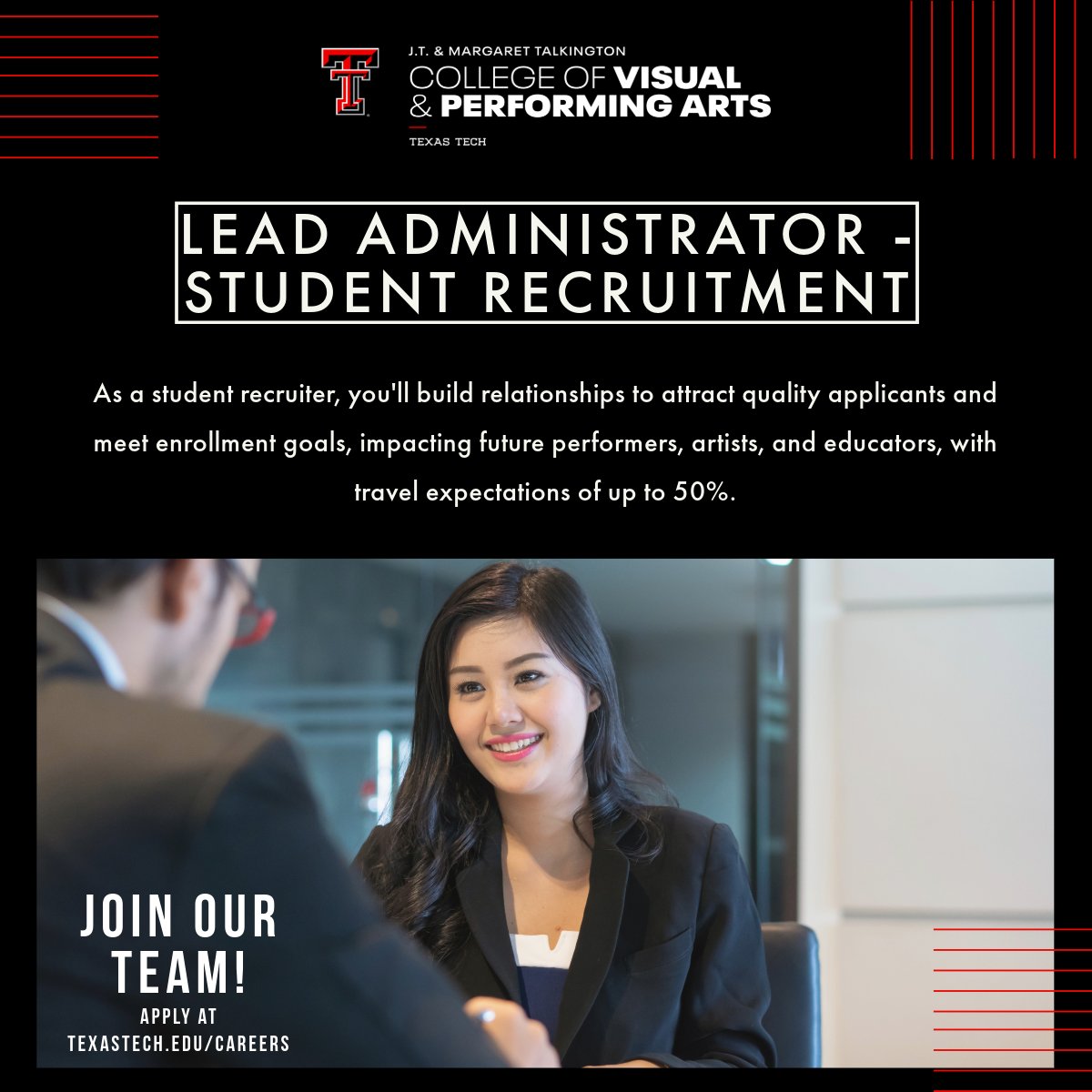 TCVPA is looking for a Lead Administrator of Student Recruitment!

Help us bring the best and brightest talent to Texas Tech University!

If you or someone you know may be a great fit, submit an application today! shorturl.at/WRZoB