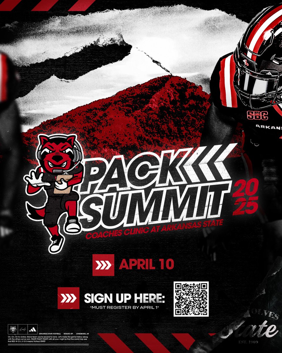 Arkansas State Football (@astatefb) on Twitter photo ๐จHIGH SCHOOL COACHES ๐จ
Join the Pack Summit Coaches Clinic at Arkansas State on April 10. Registration ends April 1st - just ๐๐๐ ๐๐๐๐ from today!
๐๐๐ ๐ข๐ฌ๐ญ๐๐ซ ๐๐๐ซ๐: โฆnsasstatefootballcamps.totalcamps.com/shop/EVENT
#WolvesUp๐บ x #NaturalStateFootball๐ ๐จHIGH SCHOOL COACHES ๐จ
Join the Pack Summit Coaches Clinic at Arkansas State on April 10. Registration ends April 1st - just ๐๐๐ ๐๐๐๐ from today!
๐๐๐ ๐ข๐ฌ๐ญ๐๐ซ ๐๐๐ซ๐: โฆnsasstatefootballcamps.totalcamps.com/shop/EVENT
#WolvesUp๐บ x #NaturalStateFootball๐
