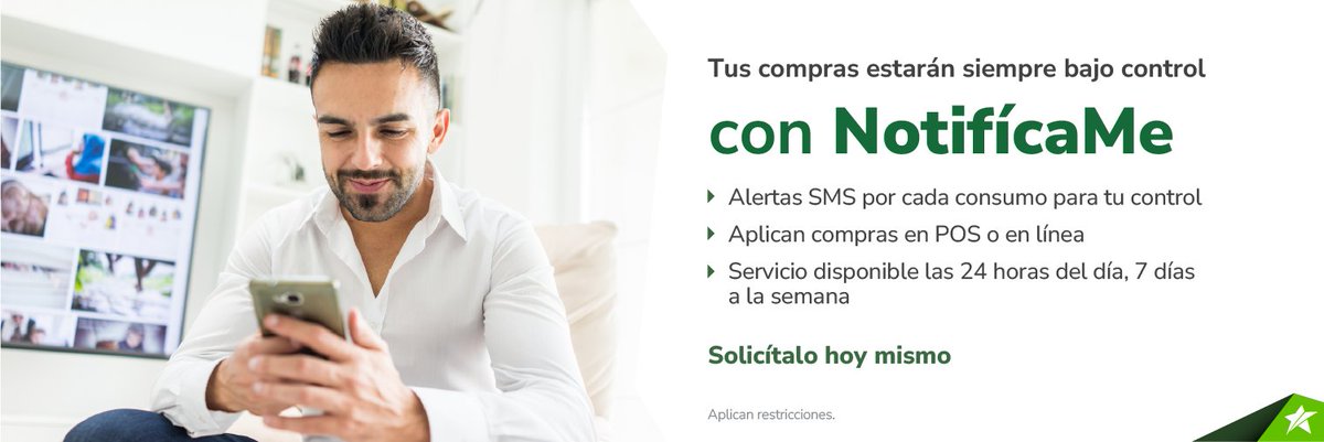 ¡Control total en tus compras! 💳📲 

Con NotifícaMe recibes un SMS por cada consumo 🛒🔔 cualquier día, 24/7. ¡Mantente alerta! ⏰🌐 

¡Solicítalo hoy mismo y mantén el control! 📈

#ControlFinanciero #NotifícaMe #SeguridadEnCadaCompra #TranquilidadDigital 💼✨