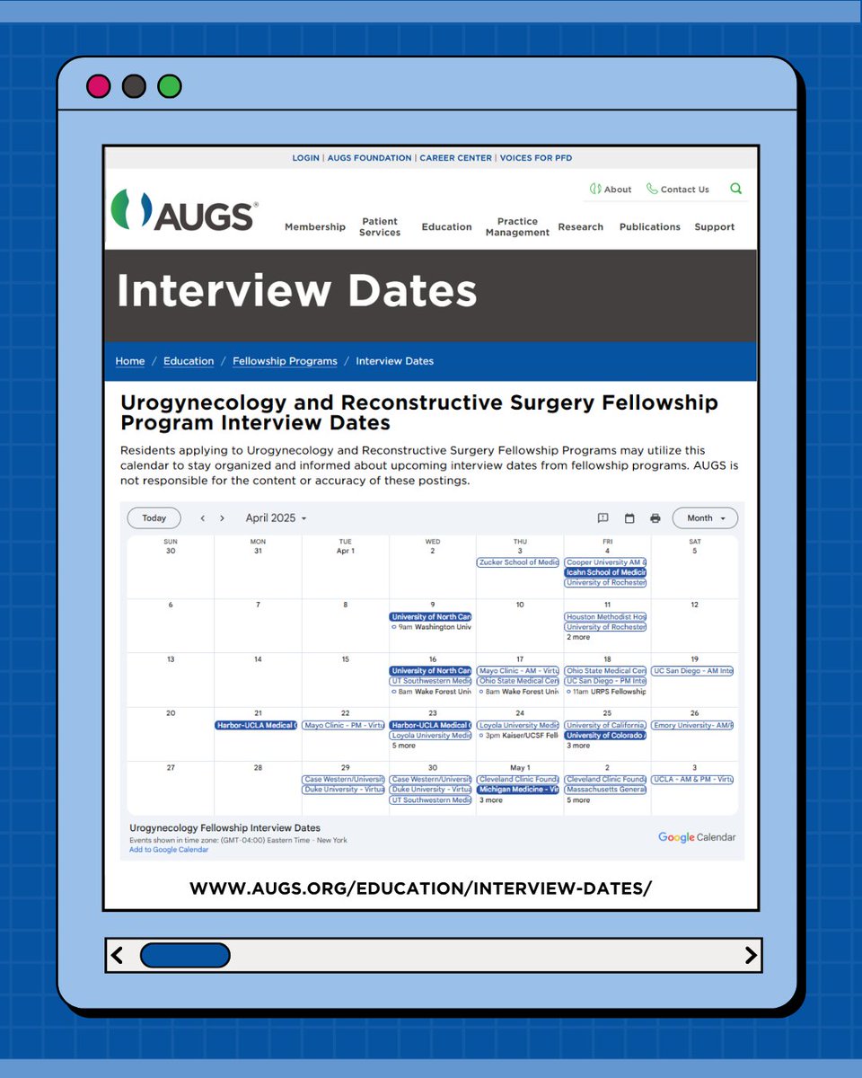 Calling all #urogynecology fellowship applicants! Find helpful resources, information on URPS programs, and interview dates on the AUGS website. 

🔹Interview Dates: augs.org/education/inte…
🔹URPS Programs: augs.org/education/fell…

#FutureFellowsofAUGS, #FutureUrogynFellows