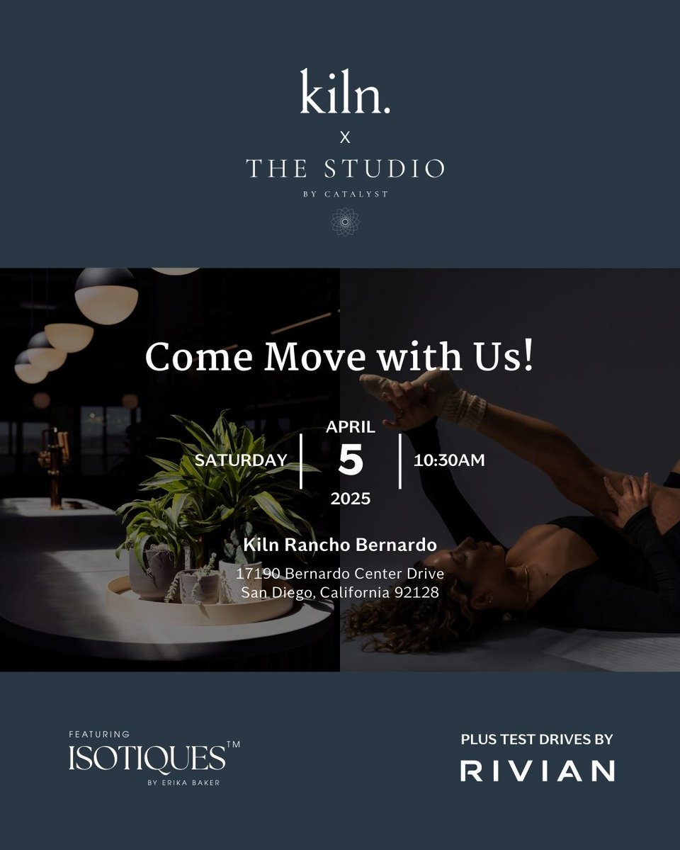 Experience Kiln Rancho Bernardo before we open!

Join us Sat, Apr 5th for outdoor fitness with The Studio by Catalyst, Rivian test drives, B12 shots, food, &amp; tours of our new space.

Free RSVP 🎟️ → eventbrite.com/e/kiln-rancho-…

#KilnRanchoBernardo #CoworkingCommunity #SanDiegoEvents