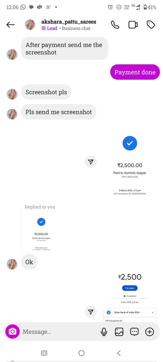 froz_ali's tweet photo. அவரும் தருவதாக வாக்குறுதி அளித்தார்.
பணம் 2500₹ account transfer செய்தேன் அவர் கூறியபடியே 

எனக்கு அவர் வாக்குறுதி அளித்தபடி நான் விரும்பிய சேலை தராமல் வேறு விதமான தரம் குறைந்த சேலை அனுப்பி வைத்தார் நான் அவரிடம் இது நான் விரும்பிய சேலை இல்லை திருப்பி எடுத்துக்கொண்டு https://t.co/0xIOkbBLg3