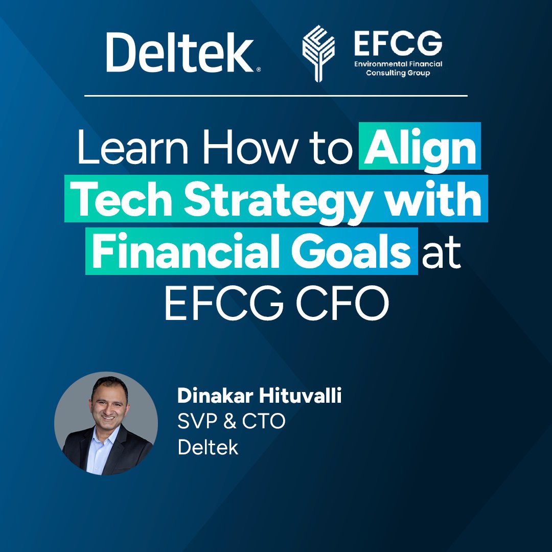 Deltek's tweet photo. Deltek is proud to be a Platinum Sponsor of the EFCG CFO Conference!

Don’t miss our CTO, Dinakar Hituvalli, on the panel “The Tech Interplay: Aligning a Firm’s Technology Strategy with Its Financial Goals.”

We hope to see you there!
https://t.co/yqtM2fR0IK https://t.co/MPNbnNOgwr