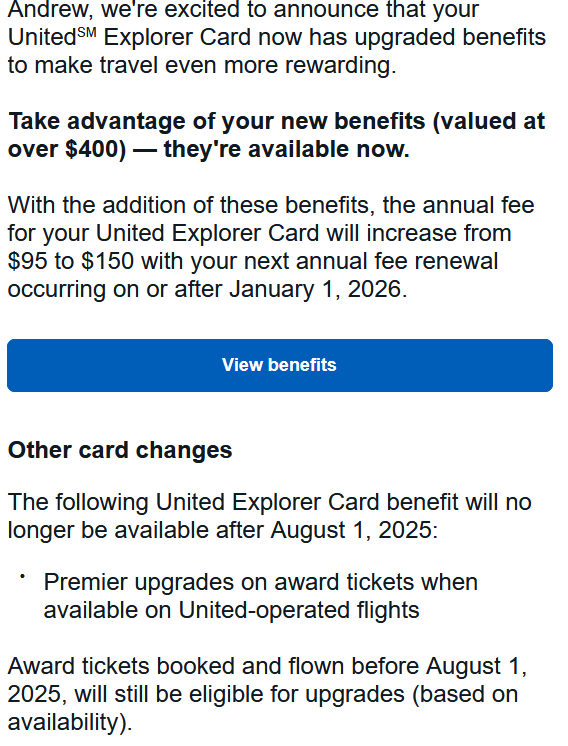 Travel more rewarding? Annual fee goes up and cardholders lose the benefit of upgrades at bookings. <a href="/united/">United Airlines</a> why is this good? Maybe you're excited, but I'm not.