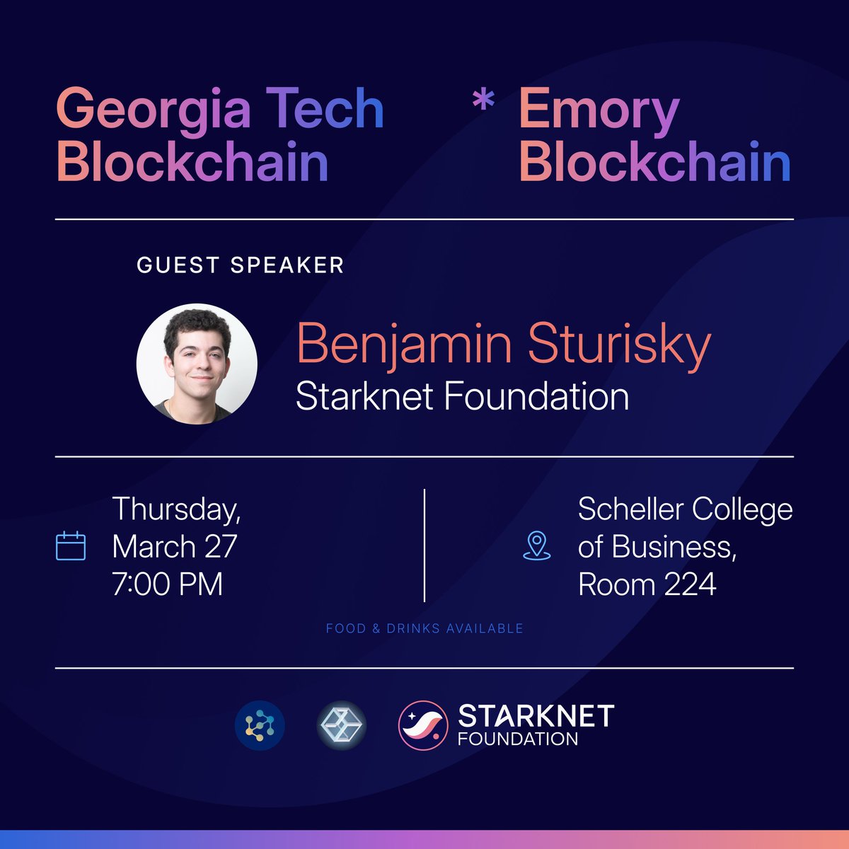 Blockchain at Emory (@blockchainemory) on Twitter photo Gm! Come to our first GT x Emory meetup!!! <a href="/bsturisky/">Benjamin Sturisky (BTCFi arc)</a> from <a href="/Starknet/">Starknet (BTCFi arc)</a> will be sharing insights on the Starknet ecosystem!
⏰ Thursday, March 27, 2025
📆 7:00 pm - 9:00 pm
📍 GT Scheller College of Business: Room 224
🍕 Food & Drinks Provided!
🚨 Need a ride? Check GC! Gm! Come to our first GT x Emory meetup!!! <a href="/bsturisky/">Benjamin Sturisky (BTCFi arc)</a> from <a href="/Starknet/">Starknet (BTCFi arc)</a> will be sharing insights on the Starknet ecosystem!
⏰ Thursday, March 27, 2025
📆 7:00 pm - 9:00 pm
📍 GT Scheller College of Business: Room 224
🍕 Food & Drinks Provided!
🚨 Need a ride? Check GC!