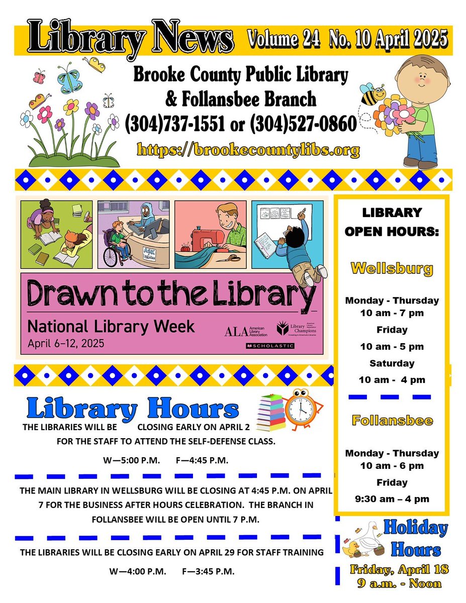 BrookePublic's tweet photo. April 2025 Newsletter
To register for programs online, visit https://t.co/4Geu9AfwRB
To see what you can do &/or access with your library card from the comforts of your home, visit https://t.co/e3B4A7WeKY
#WVLibraryProgramsRock
#SaveTheDates
#LibrariesRock
#ebooklove
1/6 https://t.co/WZLGIyL9ob