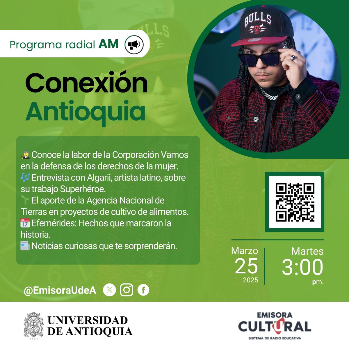 emisoraudea's tweet photo. #ConexiónAntioquia 
👩‍⚖️ Conoce la labor de la Corporación Vamos en la defensa de los derechos de la mujer.
🎶 Entrevista con Algarii, artista latino, sobre su trabajo #Superhéroe.
🌱 El aporte de la Agencia Nacional de Tierras en proyectos de cultivo de alimentos.
📅 Efemérides https://t.co/0NXCU5ZcxU