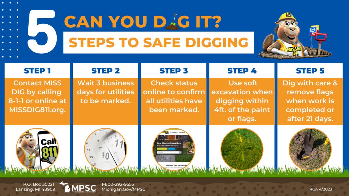 MichiganPSC's tweet image. April is #SafeDiggingMonth. With warmer temperatures here, thoughts turn to projects around the yard, big and small. Remember, if it involves digging, call 811 at least three days in advance before you put a shovel in the ground.