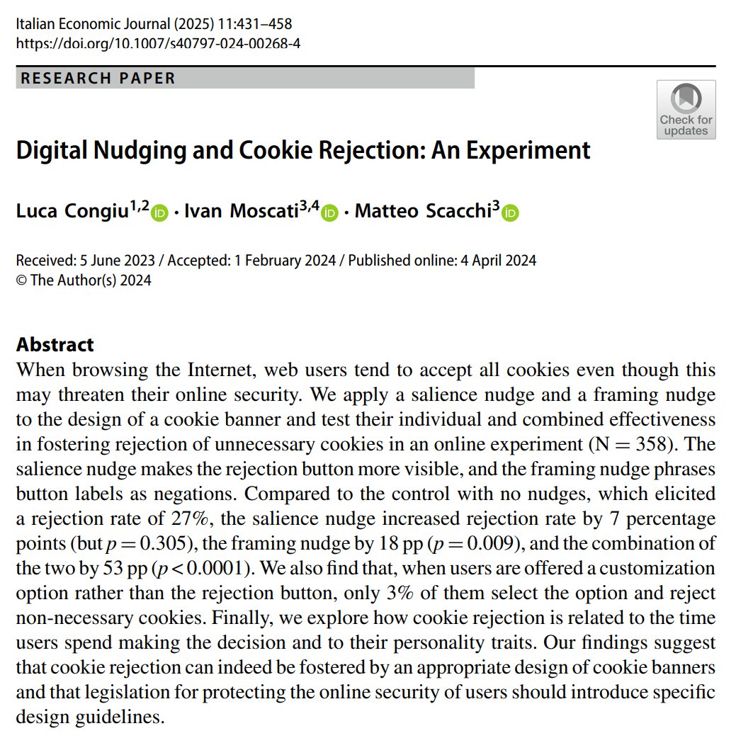 My paper “Digital Nudging and Cookie Rejection: An Experiment”, coauthored with I. Moscati (<a href="/gaddus2016/">Ivan Moscati</a>) and M. Scacchi (<a href="/mattescacchi/">Matteo Scacchi</a>), has been published in Volume 11 of Italian Economic Journal (classe A).  

Available Open Access here:  
link.springer.com/article/10.100…