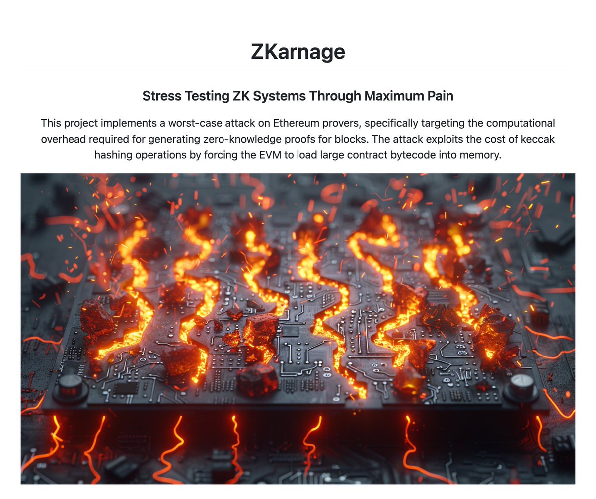 YourBuddyConner's tweet image. 🧵 Just released ZKarnage: a research project exploring "prover killers" - worst-case attacks that force ZK provers to do VASTLY more work than their gas costs suggest.