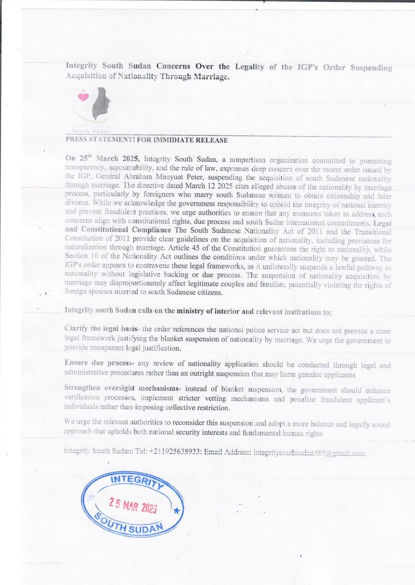 Integrity South Sudan (@integritysouth) on Twitter photo Integrity South Sudan is concerned over the legality of the IGP order to suspend the acquisition of nationality through marriage.
#SSOT
#SouthSudan
<a href="/USMissionJuba/">U.S. Embassy in Juba</a> Integrity South Sudan is concerned over the legality of the IGP order to suspend the acquisition of nationality through marriage.
#SSOT
#SouthSudan
<a href="/USMissionJuba/">U.S. Embassy in Juba</a>