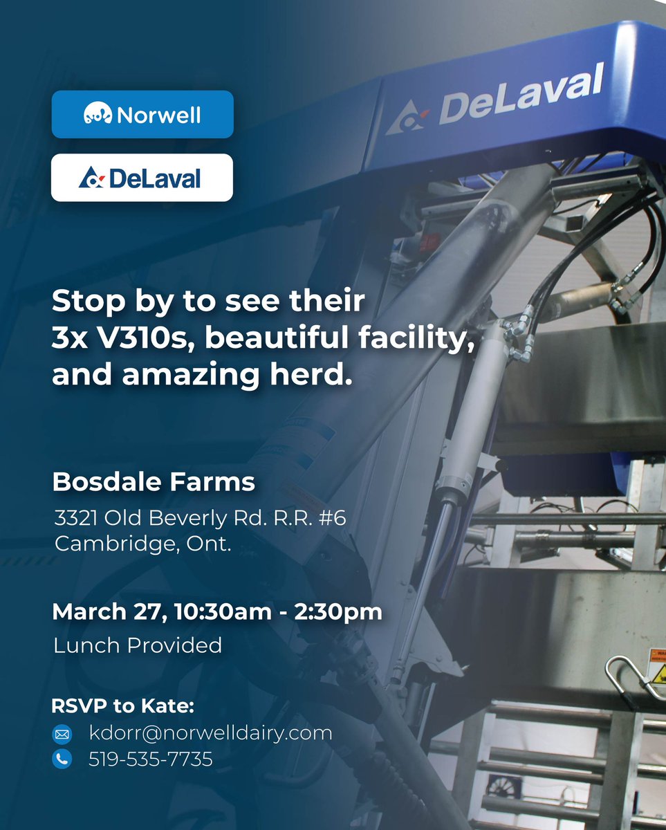 🐄 Join Us at Bosdale Farms This Thursday! 🐄

We’re hosting a DeLaval V300/V310 Information Day, and you won’t want to miss it!

✅ Learn about the advanced features of the DeLaval V300, including DeLaval RePro, a progesterone-based sampling and analysis tool for optimal