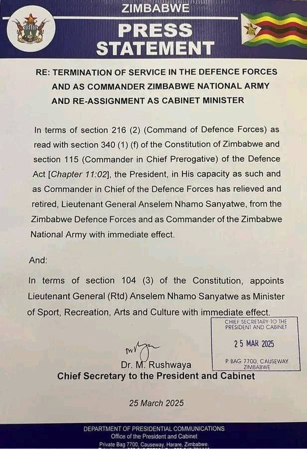 President Emmerson Mnangagwa has relieved and retired Lieutenant General Anselem Nhamo Sanyatwe  from the Zimbabwe Defence Forces and appointed him as the new Minister of Sport, Recreation, Arts, and Culture, effective immediately.