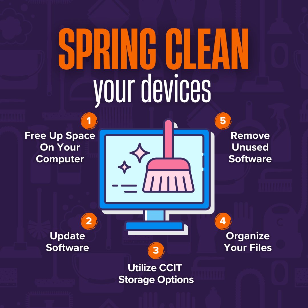 Tigers, it's time for a digital refresh! Spring clean your devices with these 5 easy steps to keep things running smoothly. Your devices will thank you! Learn more at ccit.clemson.edu 💻🐅🌸 #TechTips #DigitalCleanUp #CCIT