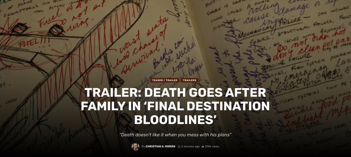 DEATH GOES AFTER FAMILY IN NEW 'FINAL DESTINATION BLOODLINES' TRAILER!!! Watch it NOW on LATINHORROR.COM

LINK: latinhorror.com/trailer-final-… 

#FinalDestinationBloodlines #FinalDestination #LatinHorror #HorrorMovies #HorrorMovieFans #TonyTodd #MovieTrailer
