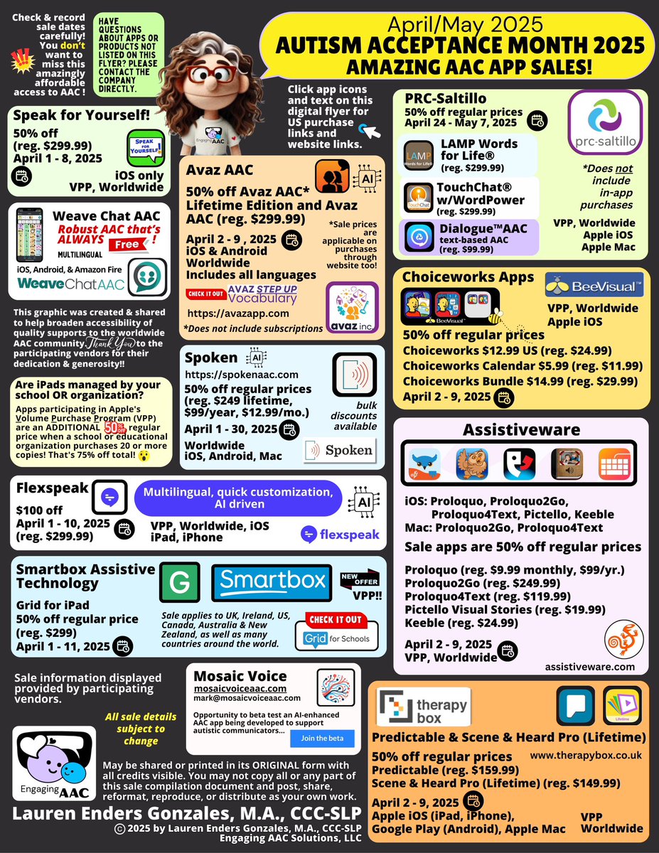 EngagingAACSLP's tweet photo. It's HERE! It's that magical time of year when select robust AAC apps go on sale in honor of #AutismAcceptanceMonth!
#AAC #ATChat #ATPeeps #specialed #augcomm #AllMeanAll #ConnectionOverCompliance #SLPeeps
Download a revised PDF with clickable links at https://t.co/rXjRiUTX0O https://t.co/CARmKZV3ge