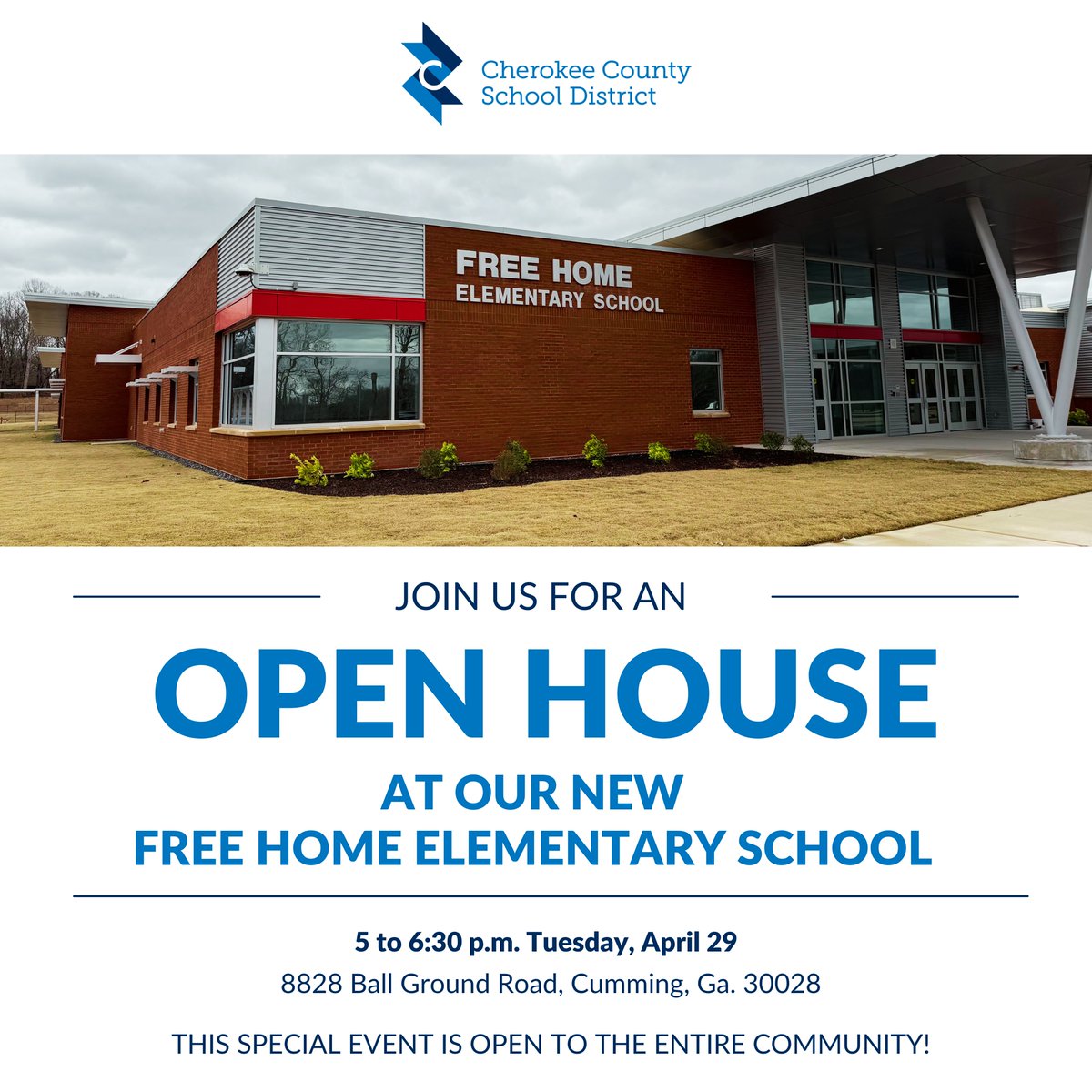 Please join us in the celebration of the new home for Free Home Elementary School!  Our open house event from 5 to 6:30 p.m. Tuesday, April 29, is open to the entire community as a sneak peek into the new school set to open for classes in August.  Thank you to our School Board
