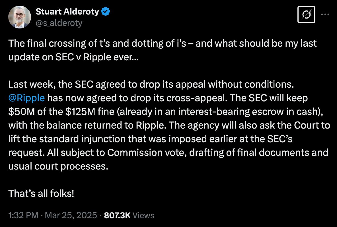 🚨 JUST IN: 🇺🇸 RIPPLE CASE UPDATE 

<a href="/Ripple/">Ripple</a> CLO Stuart Alderoty says the SEC will keep a $50M fine from the company, Ripple is dropping cross-appeal, the lawsuit is finished-- just some basic paperwork left. 

HUGE WIN for $XRP and Ripple! Congrats, XRP Army!