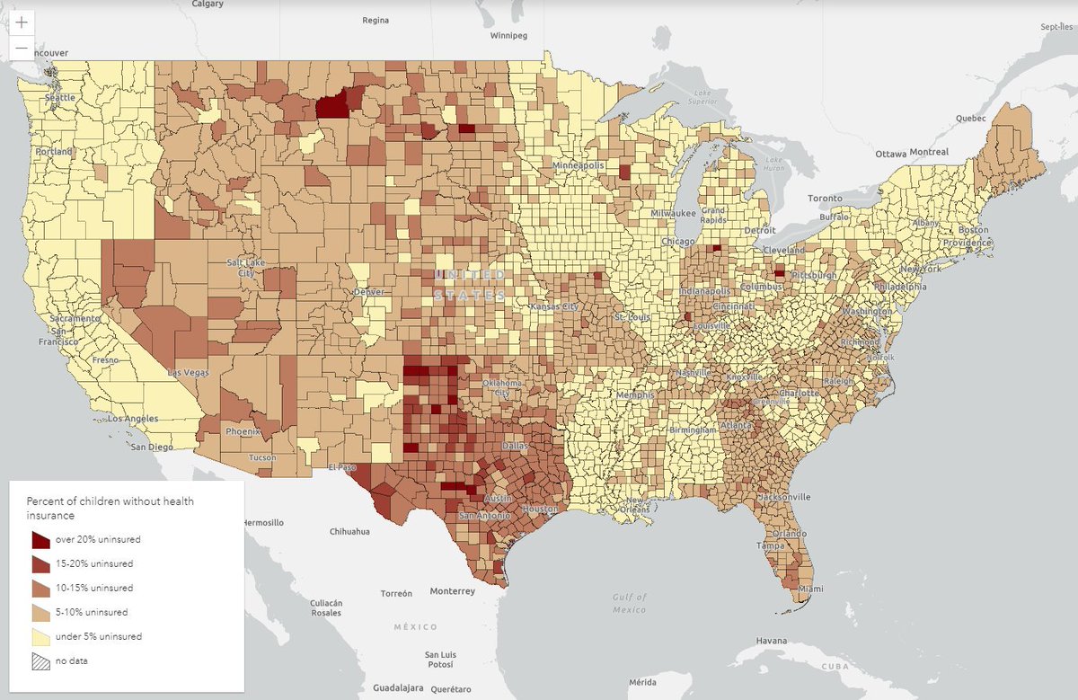 TownsUsa's tweet image. Here a map showing percentage of children with no health insurance👍