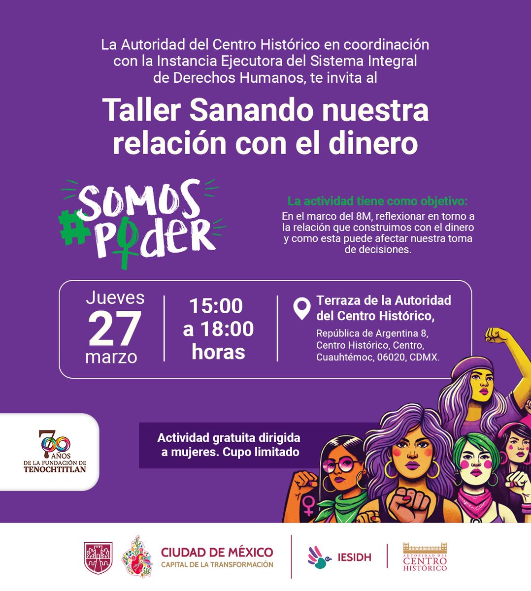 PDHCDMX's tweet photo. #Entérate Desde la Instancia Ejecutora del Sistema Integral de #DerechosHumanos en coordinación con la @ach_CDMX, en el marco del #8M te invitamos a nuestro taller "Sanando nuestra relación con el dinero", dirigido a #Mujeres. Actividad gratuita. Quedan pocos lugares. #SomosPoder
¿Cuándo? Jueves 27 de marzo
15 a 18 horas
Registro: https://t.co/pOQmsyW3so