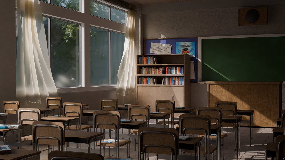 BloodNexusStd's tweet photo. Anime Classroom Render: Detailed Interior with Stylized Lighting | #BloodNexusStudio https://t.co/jNmTpDdTx1