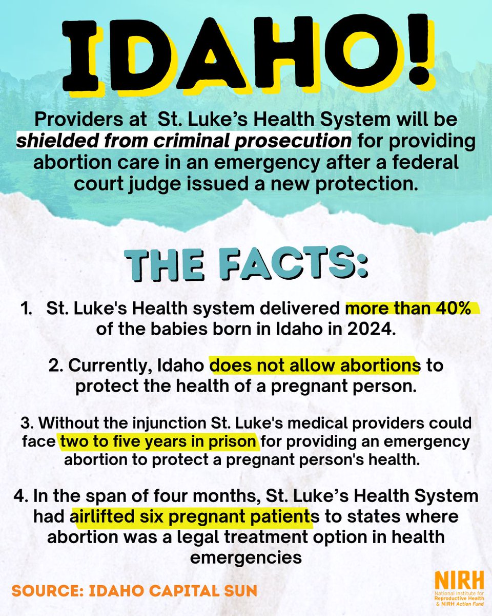 A win for patients in #Idaho – a federal judge has granted PROTECTION to St. Luke's providers who perform abortions for patients suffering a medical emergency. It's up to states to proactively guarantee access to emergency abortion care to protect patients’ lives and autonomy.