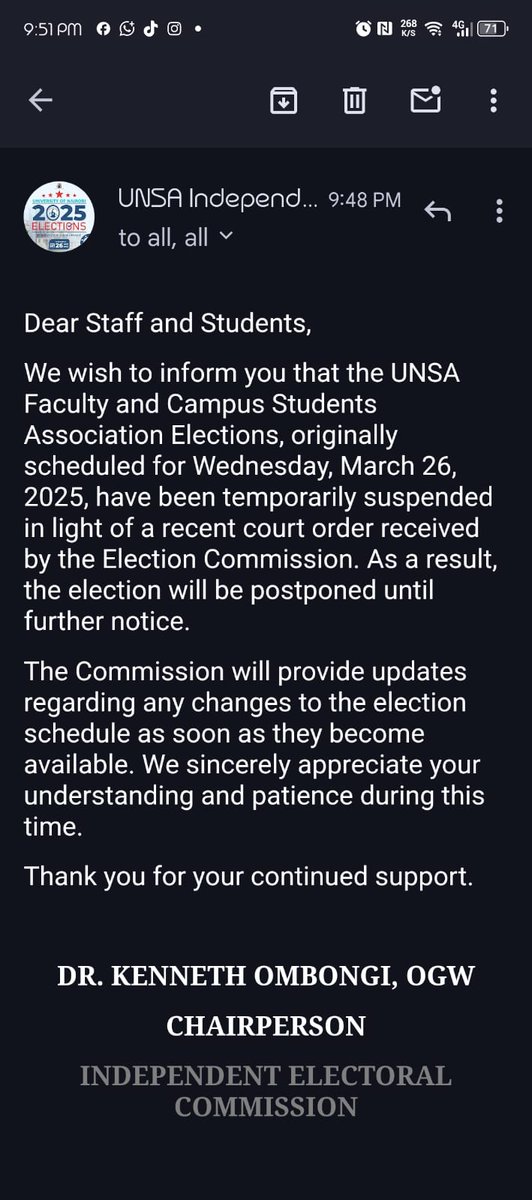 juliusmoryuki's tweet image. Important #UNSA2025 Elections Update!
The @CouncilUnsa would like to announce the postponement of
#UNSA2025 elections scheduled for tomorrow 26/03/2025 till further notice as explained in the attachment below.
#uonstudentelections
#WearrUoN
@uonbi
