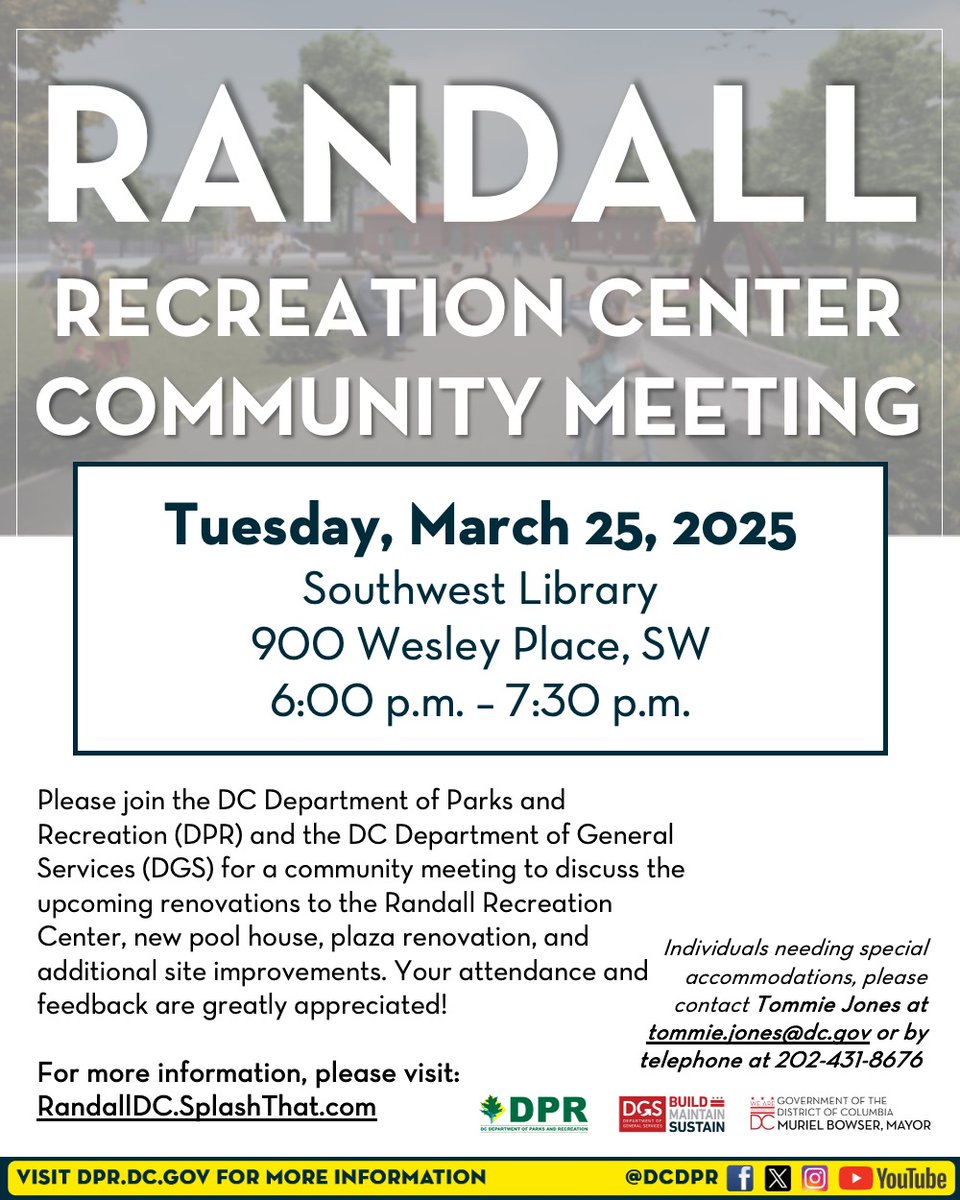 DCDPR's tweet photo. Come out TONIGHT to discuss the upcoming renovations to Randall Recreation Center, pool house, plaza, and MORE Your attendance and feedback are greatly appreciated!

📅 Tuesday, March 25
⏰ 6 - 7:30 PM
📍 Southwest Library | 900 Wesley Pl SW

🔗 https://t.co/o4X6WasKRy https://t.co/EyLPR3nYu4