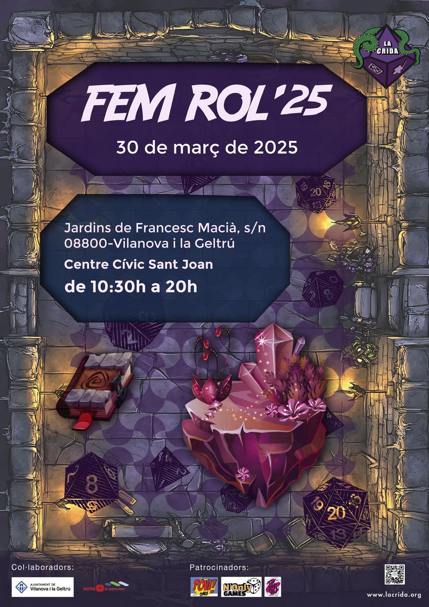 Ja tenim formulari de partides, encara queda alguna més per afegir a la tarda.

forms.gle/maY2nyYVr9xULp…

El diumenge 30 de març celebrem la quarta edició de les jornades #FemRol de La Crida. Tothom hi és convidat. Us hi esperem. #rol #rpg #8març #vng