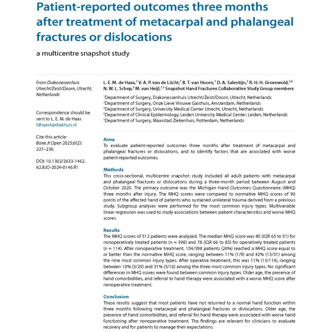 BoneJointOpen's tweet image. These results emphasize the importance of considering patient-reported outcomes in managing hand fractures, since full recovery is not reached after three months.

#BJO #HandFracture #Dislocation #Patients #Trauma

ow.ly/2ZJ650V75zV