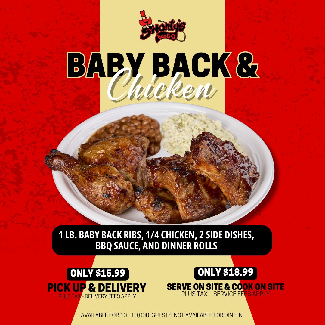 Feast mode: ON 🍗🔥 Dive into Shortys Baby Back Chicken with 1 lb. of tender baby back ribs, 1/4 chicken, 2 delicious sides, smoky BBQ sauce, and warm dinner rolls. Comfort food heaven! 🥹✨ #ShortysBBQ #FoodieHeaven #RibsAndChicken