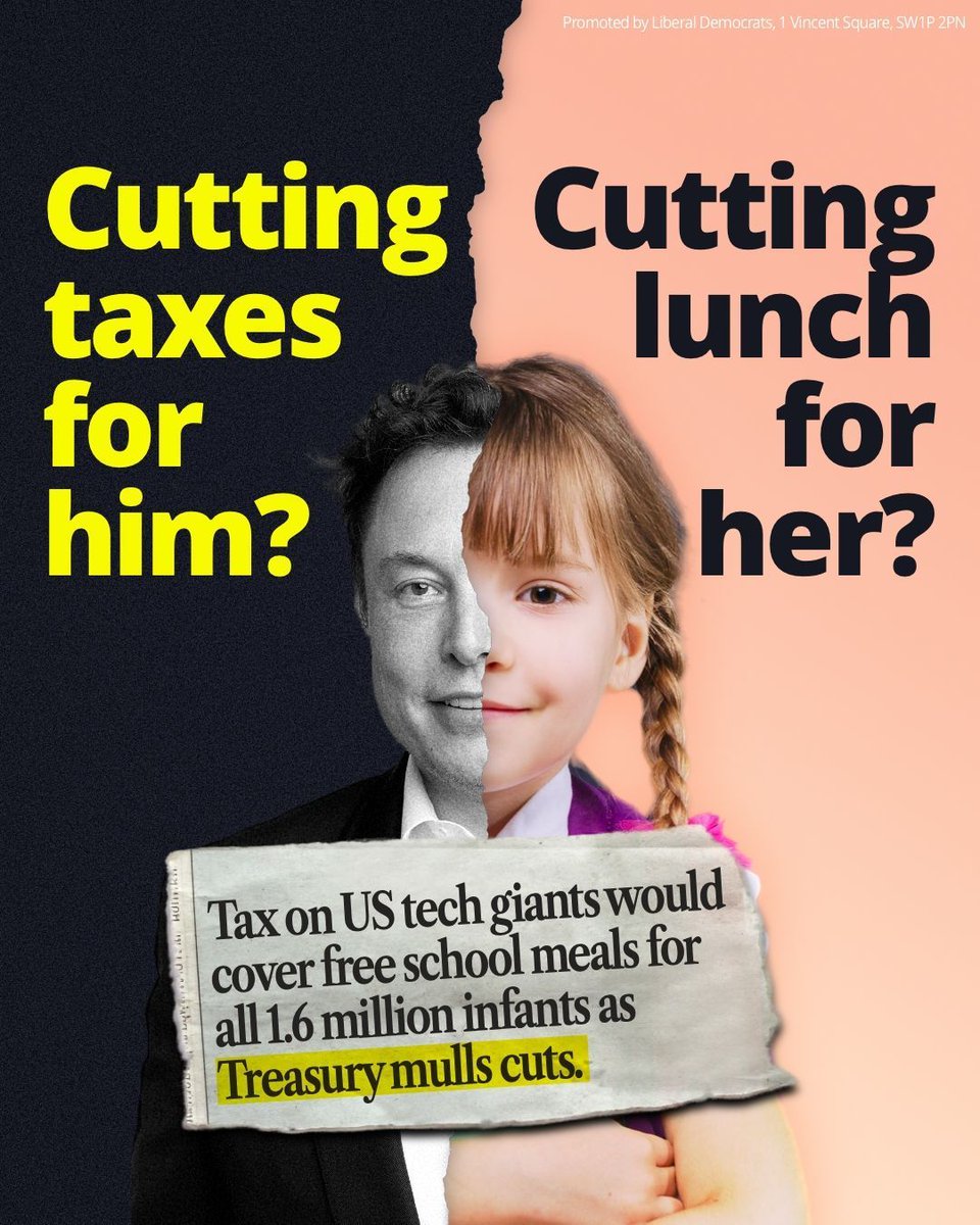 The Digital Services Tax currently brings in over £830M a year - enough to completely cover the cost of free school meals.

Politics is about choices. Cutting this Tax while diluting free schools meals would be choosing Donald Trump and Elon Musk over hungry school children.

The