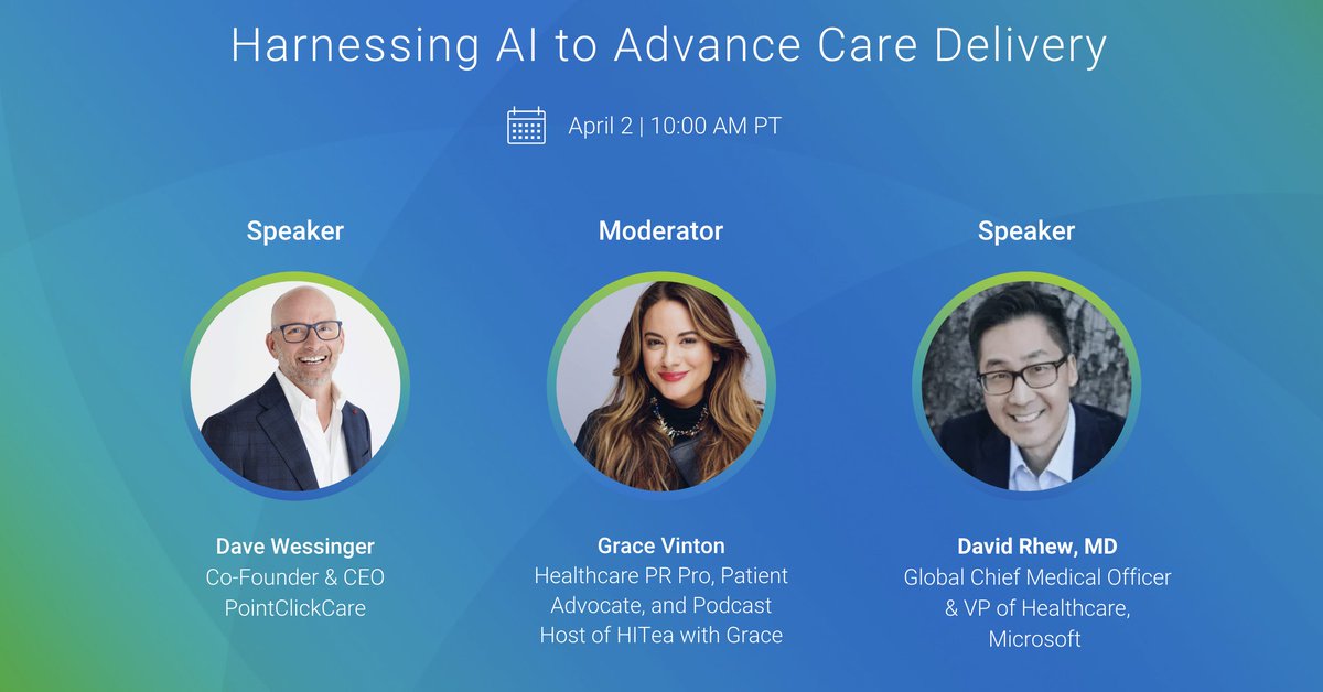 PointClickCare (@pointclickcare) on Twitter photo Attending #PCCSUMMIT25? Get ready for an #AI conversation you wonât want to miss!
Our CEO Dave Wessinger & <a href="/Microsoft/">Microsoft</a>'s <a href="/drhew/">David Rhew</a> are bringing double the brainpower (and double the Daves) to discuss AIâs evolution in #healthcare, moderated by <a href="/HITeaWithGrace/">Grace Vinton</a>. Attending #PCCSUMMIT25? Get ready for an #AI conversation you wonât want to miss!
Our CEO Dave Wessinger & <a href="/Microsoft/">Microsoft</a>'s <a href="/drhew/">David Rhew</a> are bringing double the brainpower (and double the Daves) to discuss AIâs evolution in #healthcare, moderated by <a href="/HITeaWithGrace/">Grace Vinton</a>.