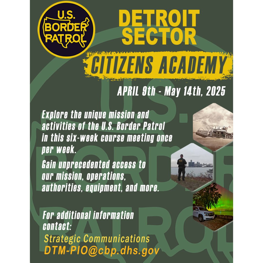 Hurry, space is limited for Detroit Sector's inaugural BP Citizens Academy. In this exciting free class, you'll meet our K-9 teams, learn arrest techniques, go hands-on with detection equipment &amp; less-lethal devices, learn what it takes to become a Border Patrol Agent, and more!