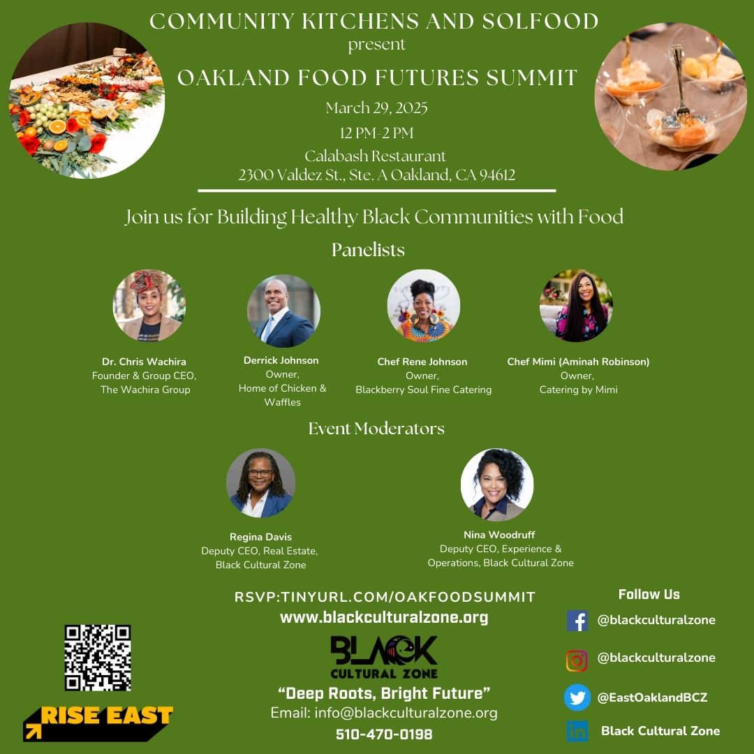 Join us March 29th at 12 PM for a transformative conference on Building Healthy Black Communities with Food! Let’s uplift deep east Oakland through black-owned eateries &amp; markets.  RSVP: tinyurl.com/OakFoodSummit  #HealthyBlackCommunities #SupportBlackBusiness #OaklandRevival