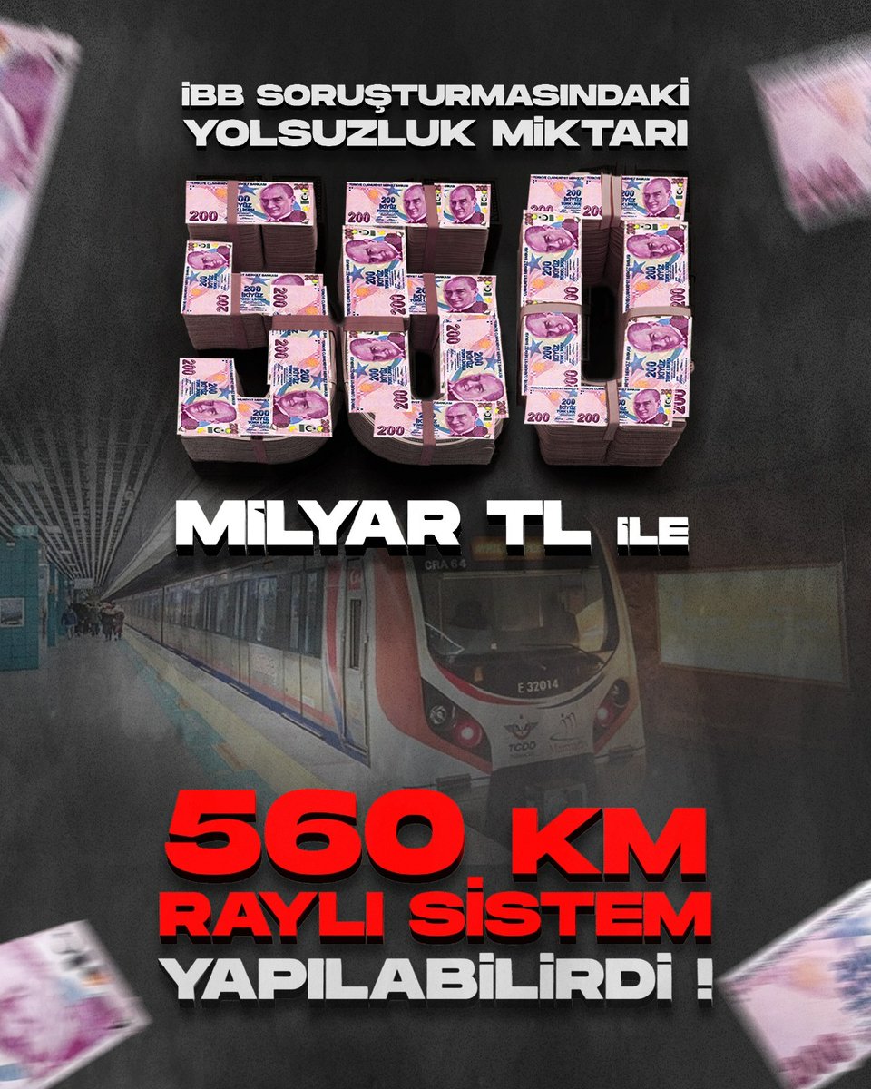 Ekrem İmamoğlu'nun yönettiği suç çetesi soruşturmasındaki yolsuzluğun toplam tutarı olan 560 milyar TL ile 560 kilometre raylı sistem yapılabilirdi.