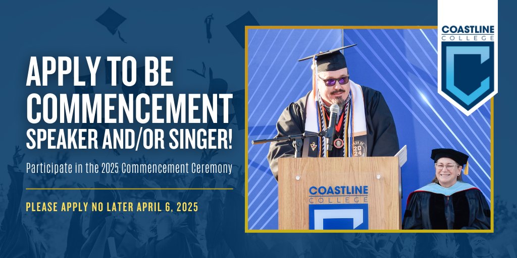 Coastline is seeking a Commencement Speaker and Singer for the 2025 Graduation Ceremony! The selected speaker will give a 5-minute speech and the singer will perform up to two songs to help make the ceremony unforgettable. Apply by April 6th!
Apply now: bit.ly/4iJkvfZ