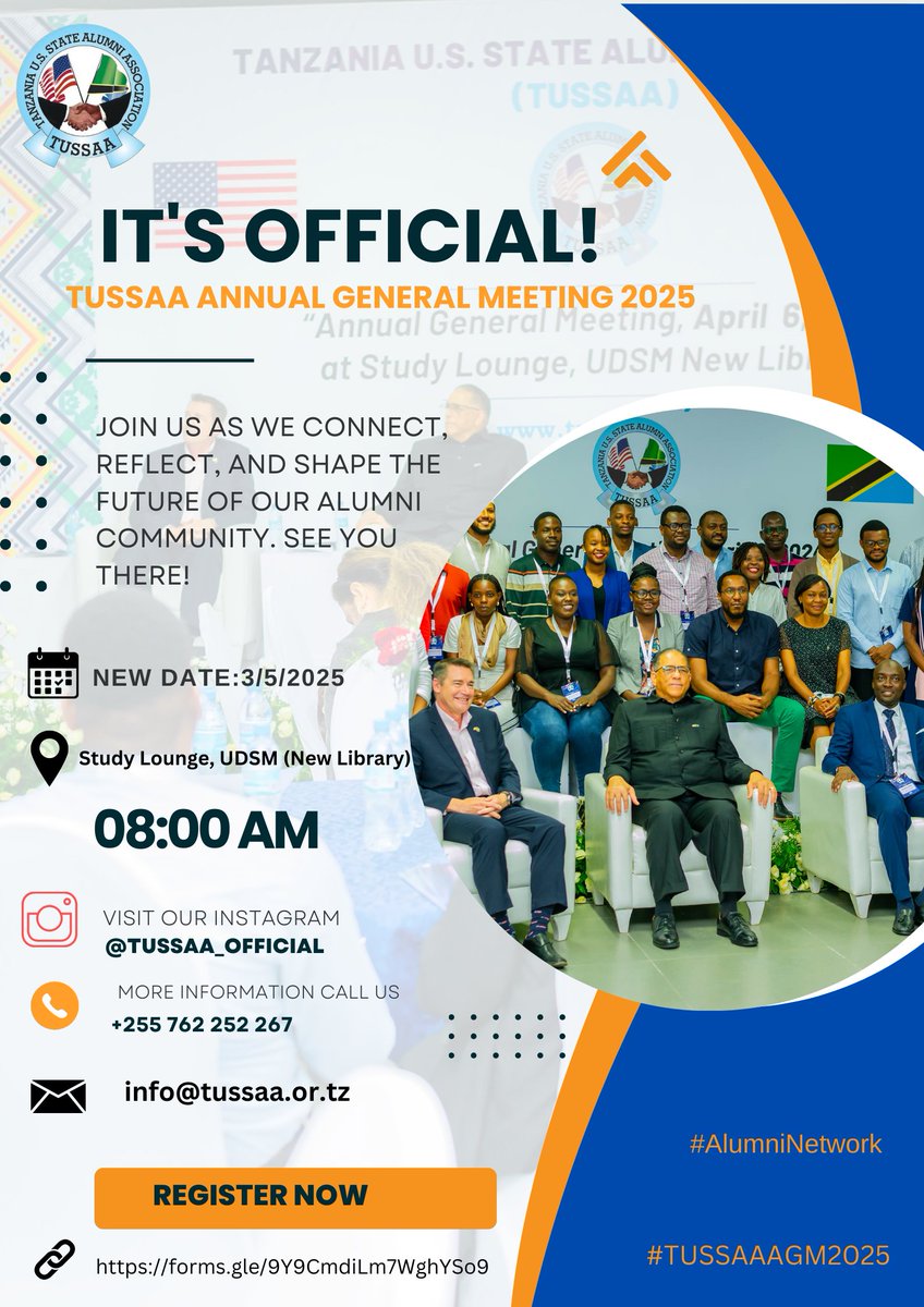 🚀 TUSSAA AGM 2025 – REGISTER NOW! 🚀

📅 3rd May 2025 | 📍 Study Lounge, UDSM (New Library)

Don’t miss this chance to connect &amp; shape the future!

✅ Register via the link on the poster 
📩 More info? Call the number on the poster

#TUSSAA #AGM2025 #RegisterNow