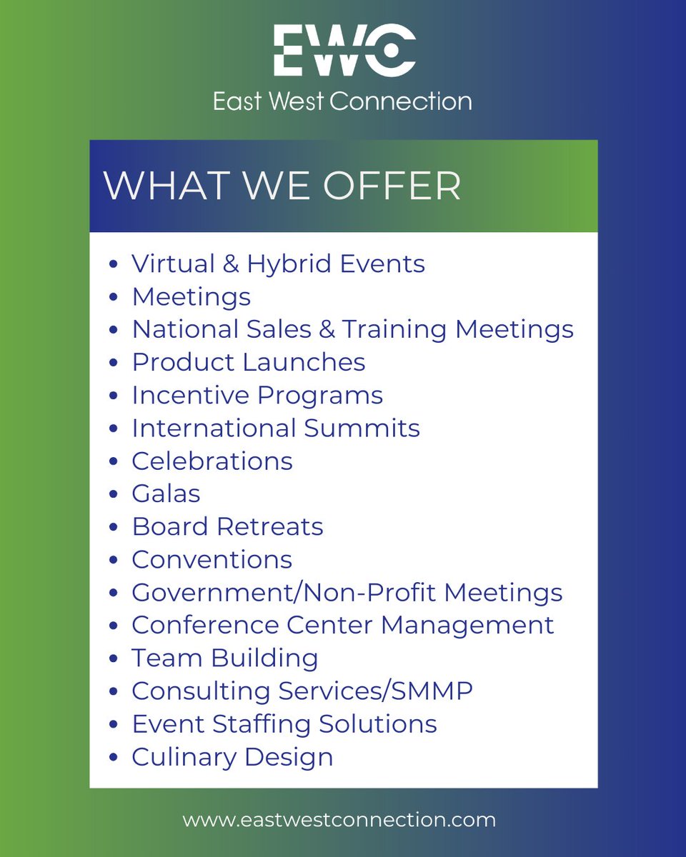 EWCMeetings's tweet photo. EWC is a boutique meetings, events, and incentive travel company focused on providing distinctive experiences executed with exemplary concierge-level services.

Let us help you bring your vision to life! Call us today for a complimentary consultation.

#eastwestconnection https://t.co/sIAGezlHx2