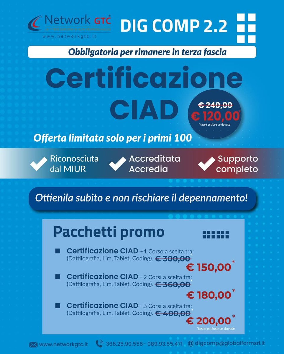 roberto_lamanna's tweet photo. Aspiranti ATA, non fatevi trovare impreparati!
La certificazione CIAD è obbligatoria per la terza fascia. Con Network GTC ottieni il 50% di sconto! #CIAD #ATA #scuola #formazione #opportunità #lavoro 

https://t.co/dNJq3wzspX https://t.co/tXRinMG82u